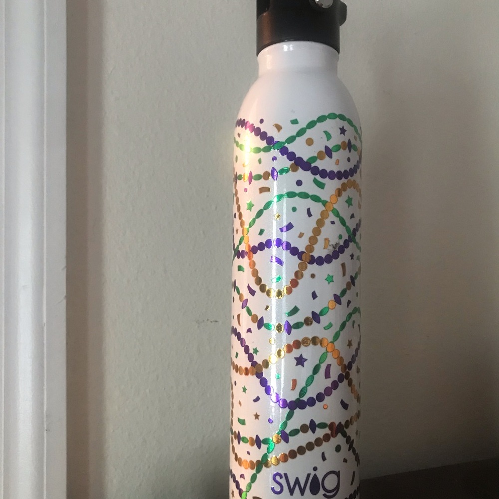 Swig Stainless Water Bottle in White with Mardi Gras Bead Print
